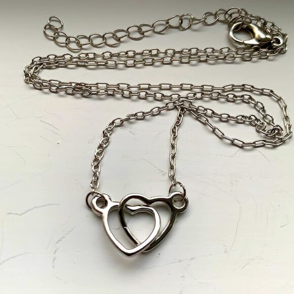 Double Interlocking Silver Hearts Layering Love Friendship Necklace + Gift Pouch - Picture 6 of 12